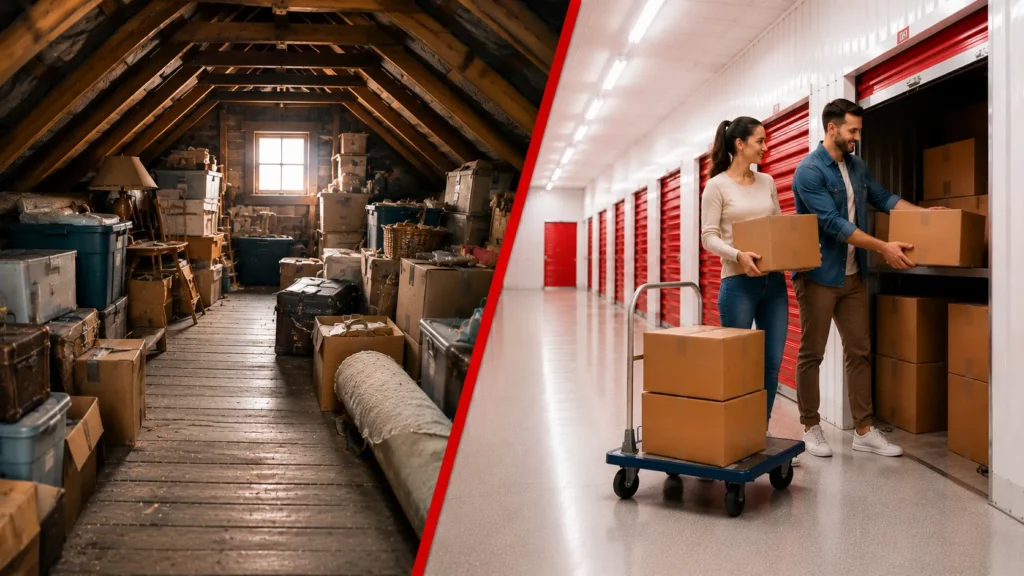 Padlás vagy önkiszolgáló tároló? Zsúfolt padlás és rendezett City Storage tároló összehasonlítása