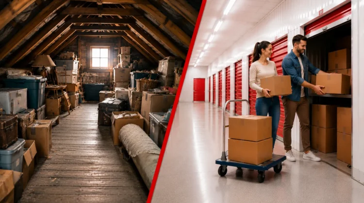 Padlás vagy önkiszolgáló tároló? Zsúfolt padlás és rendezett City Storage tároló összehasonlítása