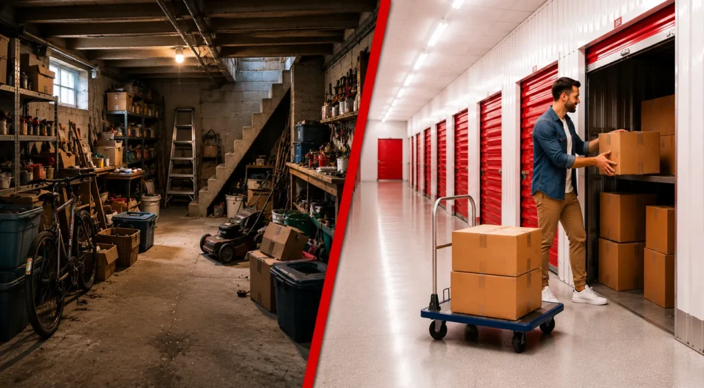 Pince vagy önkiszolgáló tároló? Zsúfolt pince és rendezett City Storage tároló összehasonlítása
