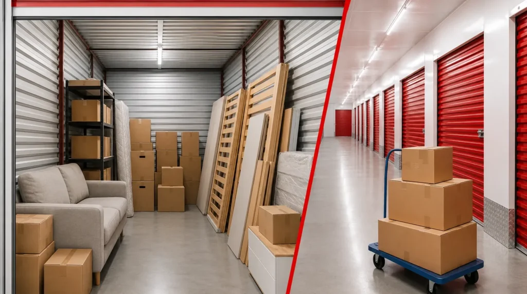 Bútorok tárolása költözéskor – rendezett City Storage tároló és dobozok gurulós kocsin