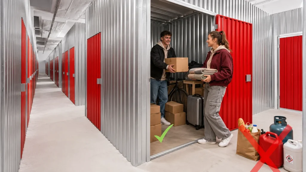 Fiatal pár dobozokat, bőröndöt és kerékpárt helyez el egy City Storage tárolóban, mellettük a tiltott tárgyak példái.