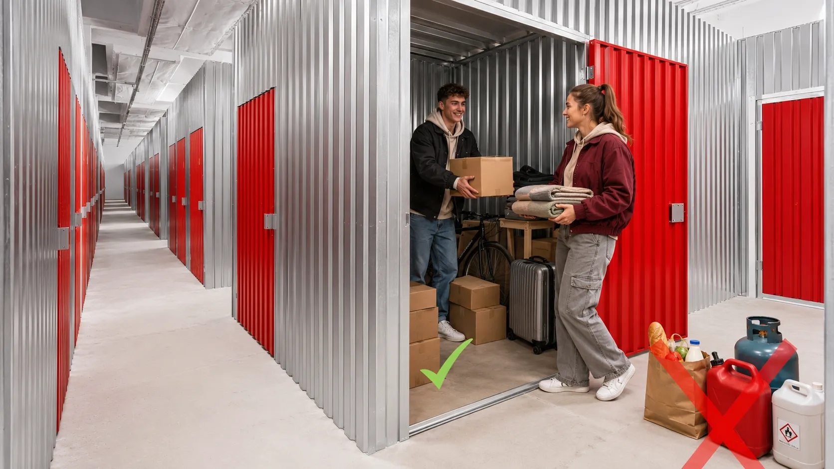 Fiatal pár dobozokat, bőröndöt és kerékpárt helyez el egy City Storage tárolóban, mellettük a tiltott tárgyak példái.