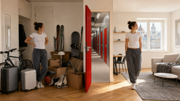 Young woman in the same small Budapest apartment before and after decluttering, with a City Storage corridor between the two scenes