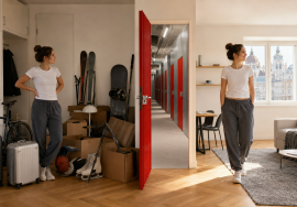 Fiatal nő egy kis budapesti lakás zsúfolt és rendezett állapotában, középen City Storage tárolófolyosóval