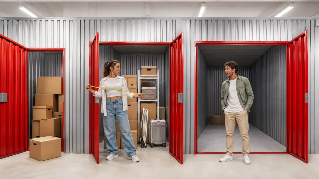 Fiatal pár mérőszalaggal választ megfelelő méretű tárolót a City Storage budapesti raktárában