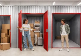 Fiatal pár mérőszalaggal választ megfelelő méretű tárolót a City Storage budapesti raktárában