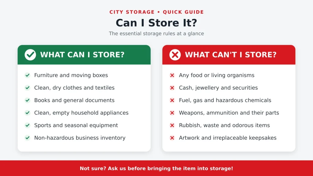 City Storage guide showing what can and cannot be stored in a storage unit, including furniture, boxes, food and hazardous materials.