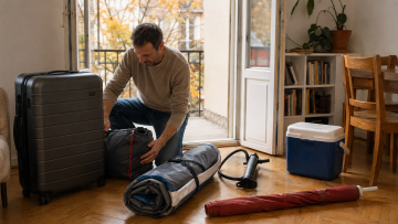 Large suitcase, packed tent, rolled SUP, pump, cooler box and beach umbrella being prepared for autumn storage in a Budapest flat