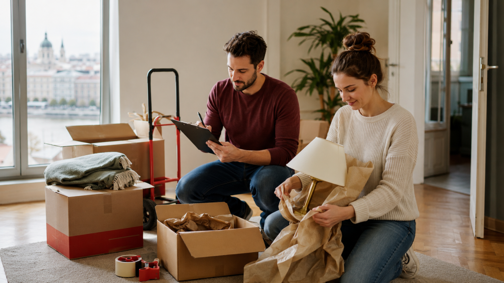 Young couple packing in a Budapest flat with a moving checklist
