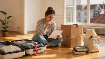Young woman preparing to move abroad with a suitcase, moving boxes and belongings selected for donation