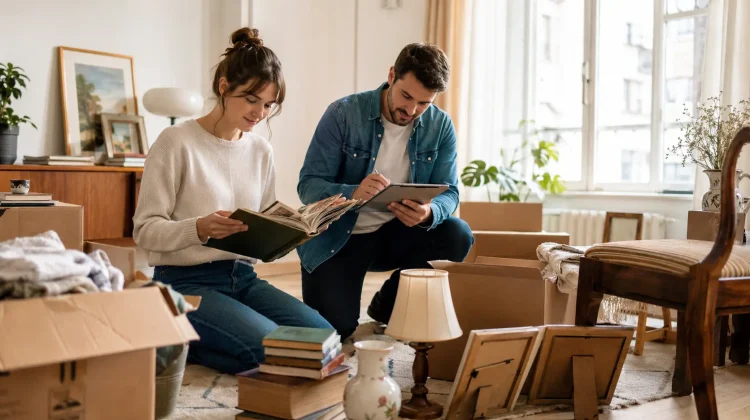 Young siblings creating a photographic inventory of inherited furniture and personal belongings in a Budapest apartment